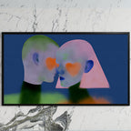 Heart cheek portrait art on a black TV on a white marble wall