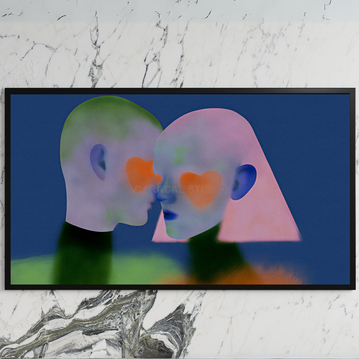 Heart cheek portrait art on a black TV on a white marble wall
