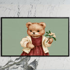 Teddy bear art on a black TV on a white marble wall