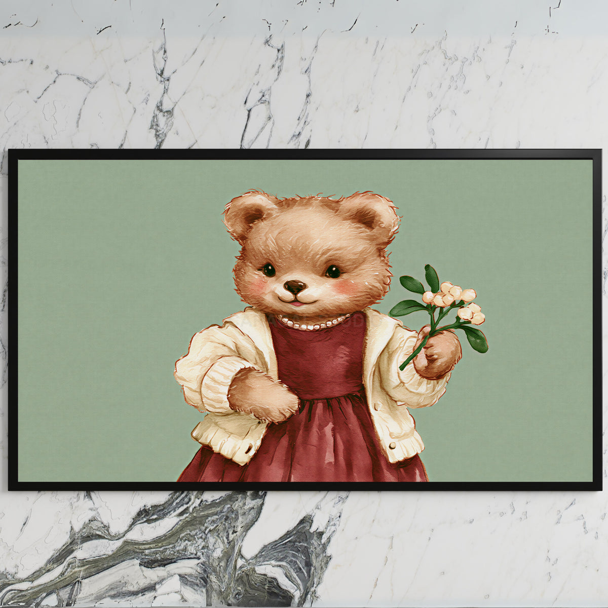 Teddy bear art on a black TV on a white marble wall