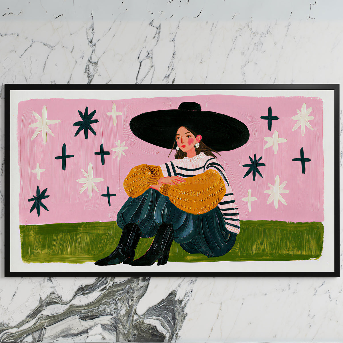 Woman in a big hat art on a black TV on a white marble wall