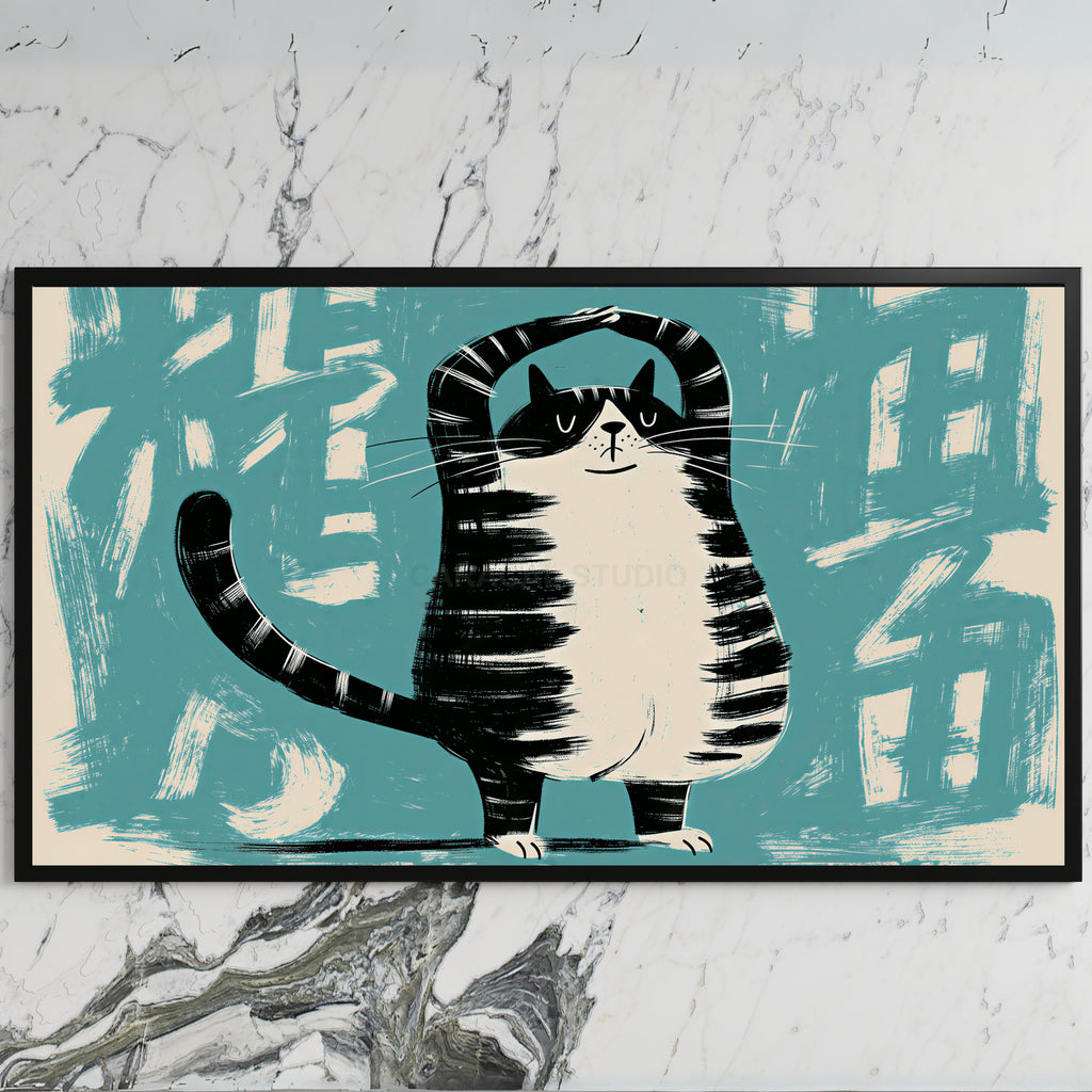 Yoga cat art on a black TV on a white marble wall