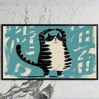 Yoga cat art on a black TV on a white marble wall
