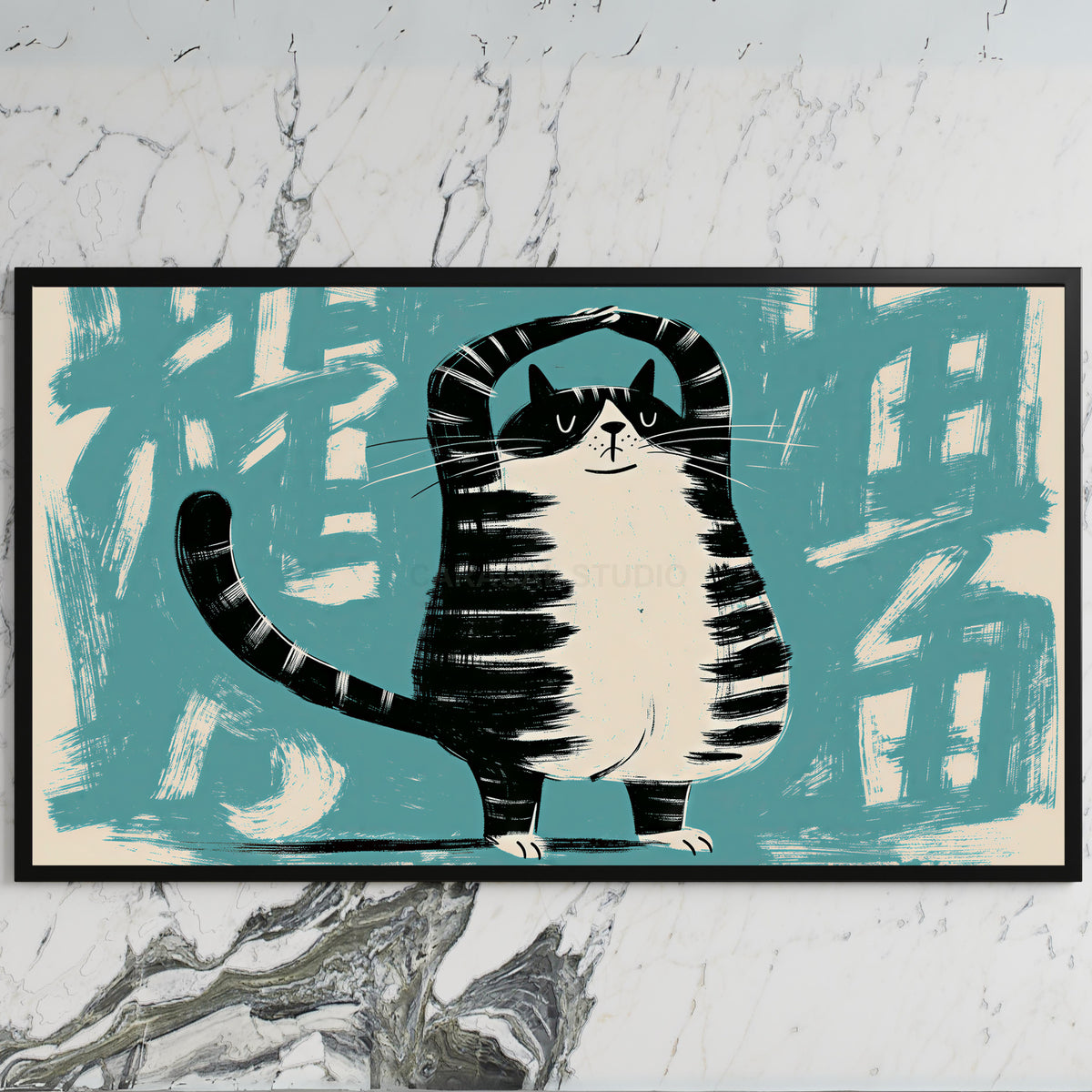 Yoga cat art on a black TV on a white marble wall