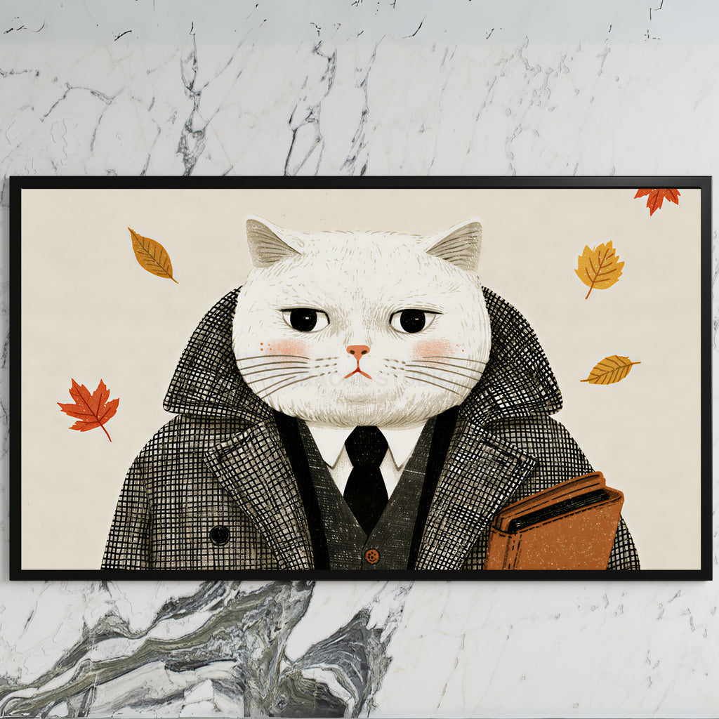 Gentleman cat art on a black TV on a white marble wall