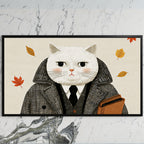 Gentleman cat art on a black TV on a white marble wall
