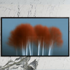 Abstract birch tree art on a black TV on a white marble wall
