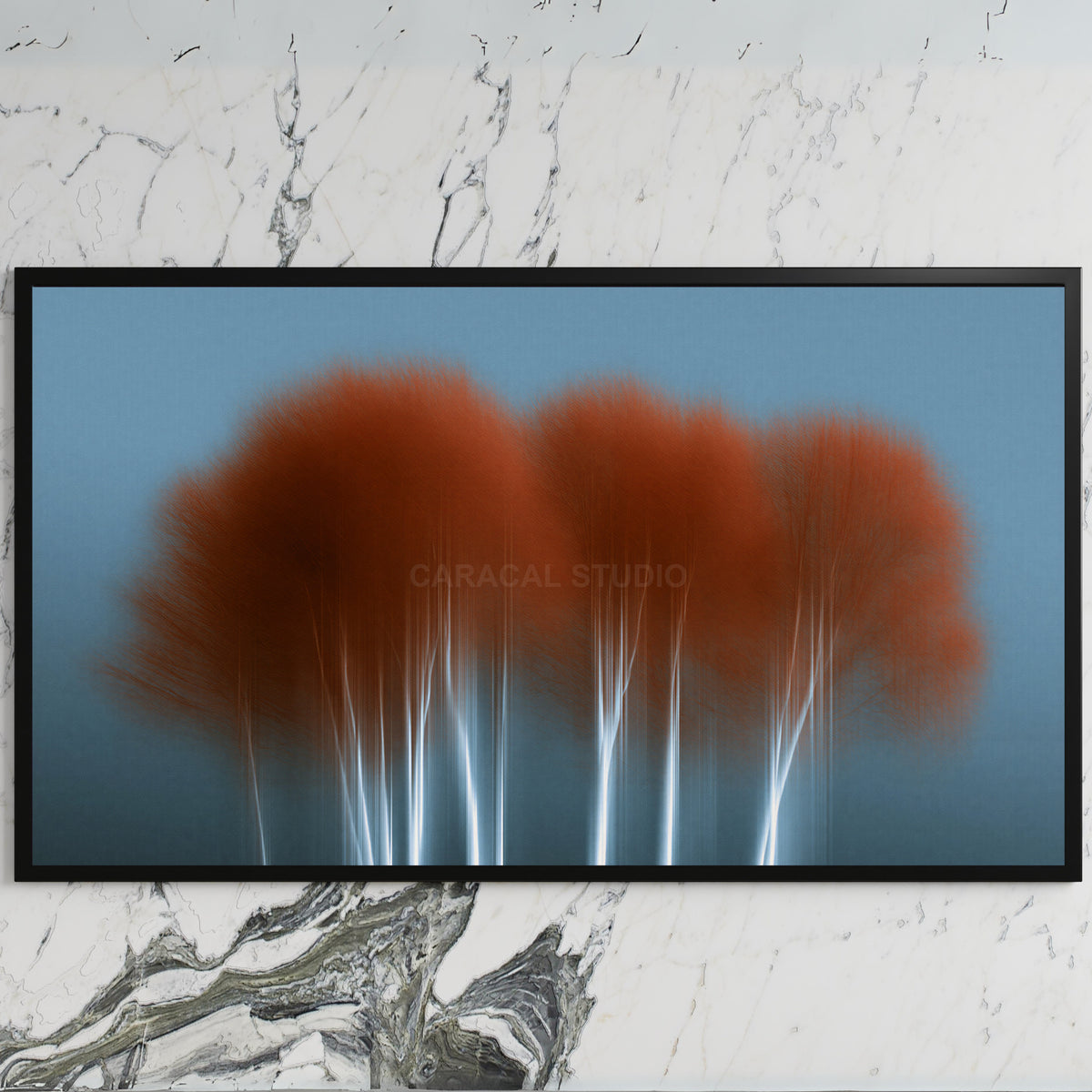 Abstract birch tree art on a black TV on a white marble wall