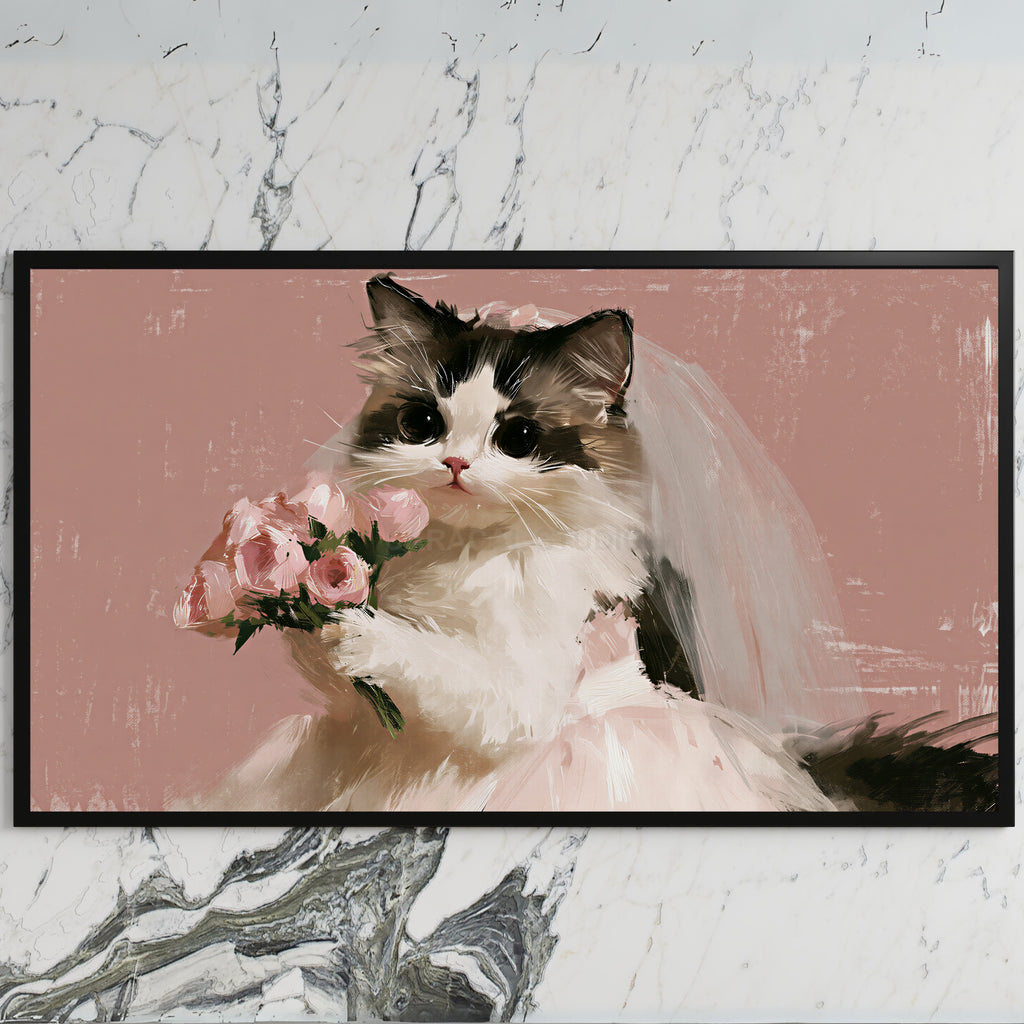 Cat bride art on a black TV on a white marble wall