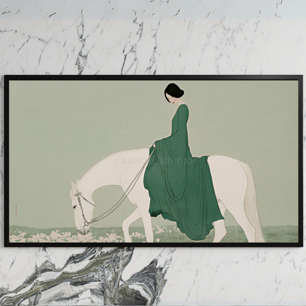Woman riding a horse art on a black TV on a white marble wall