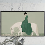Woman riding a horse art on a black TV on a white marble wall