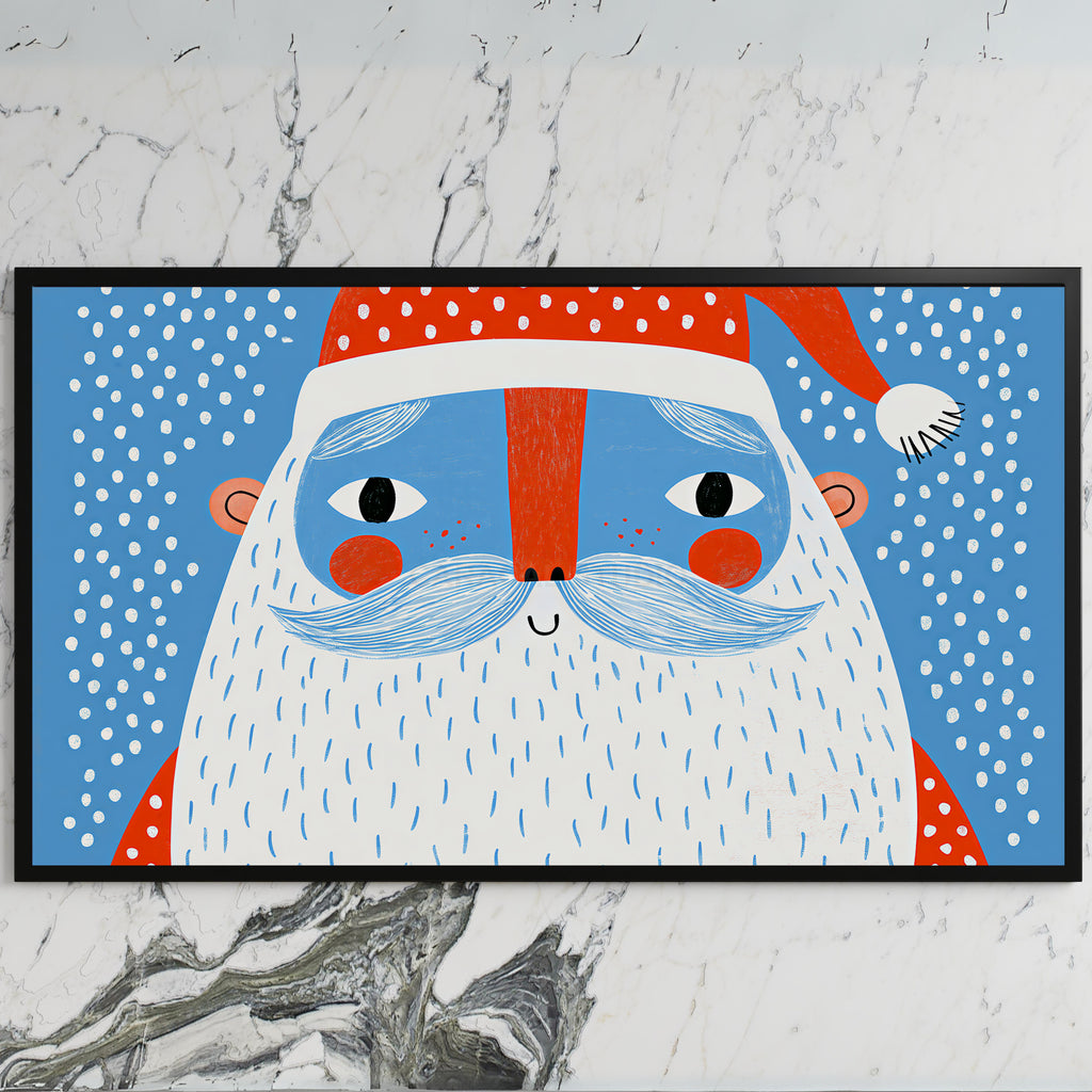 Santa face art on a black TV on a white marble wall