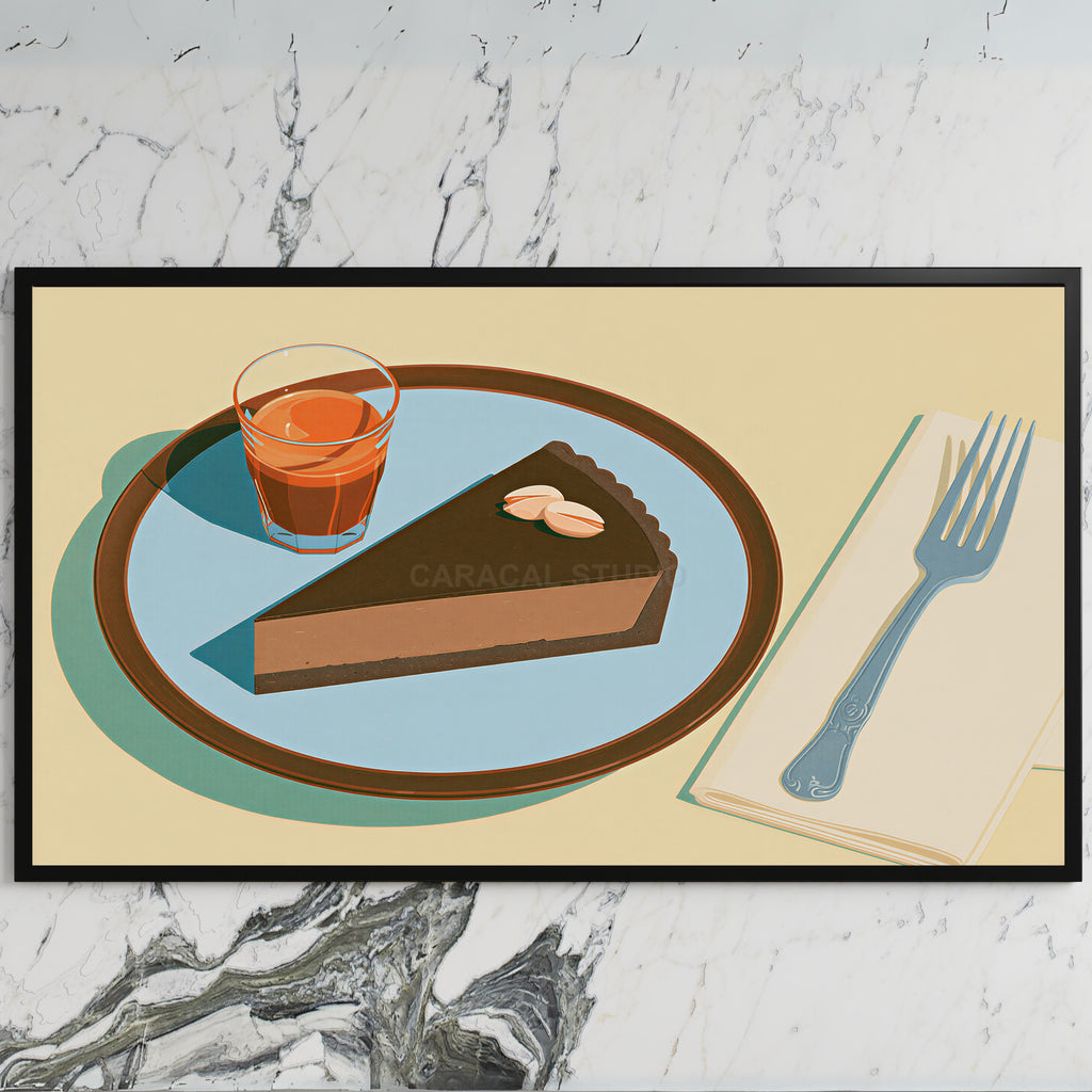Chocolate tart and espresso art on a black TV on a white marble wall
