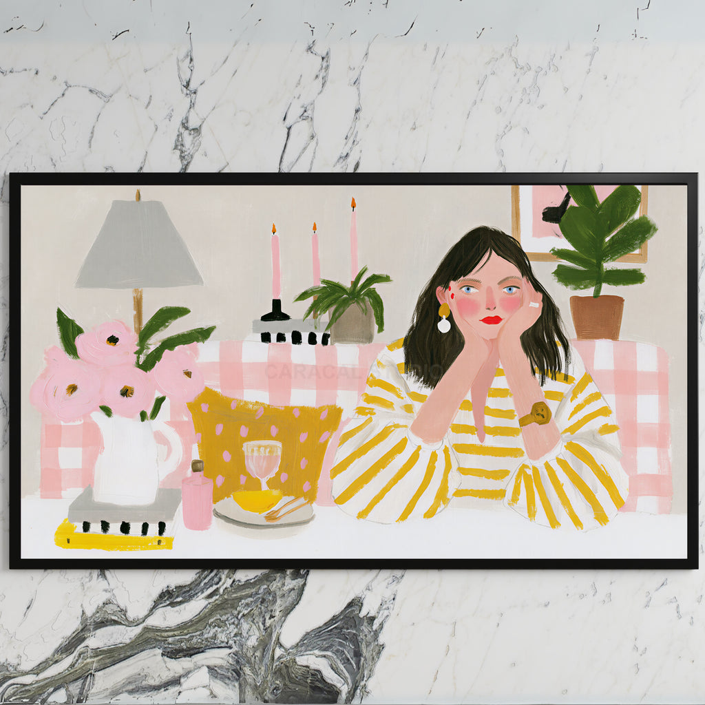 Woman at a pink table art on a black TV on a white marble wall