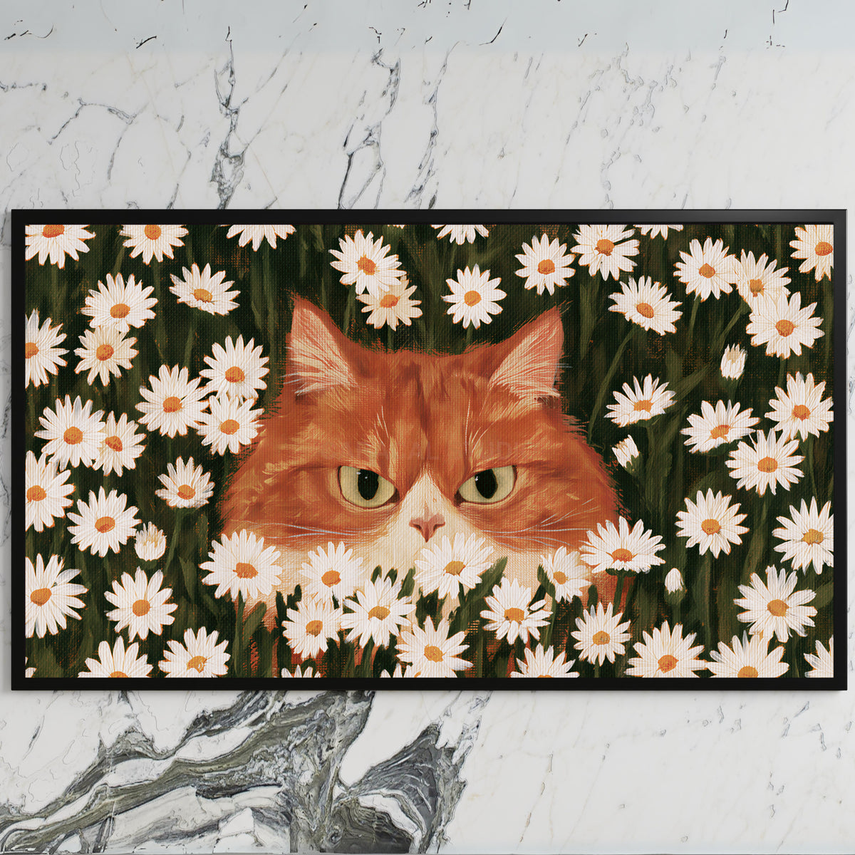Ginger cat in daisies art on a black TV on a white marble wall