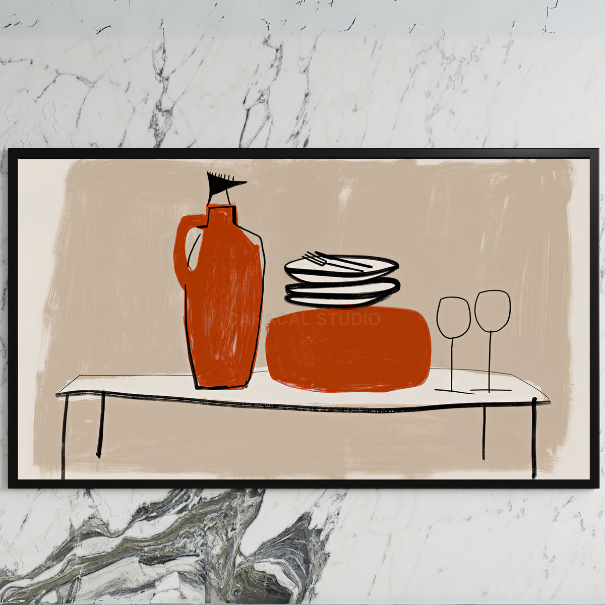 Minimalist table with jug and wine glasses art on a black TV on a white marble wall