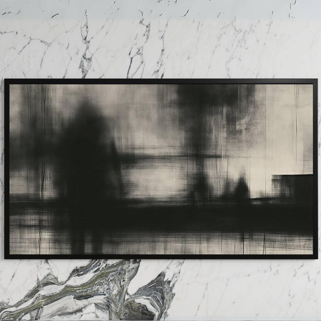 Black and white abstract art on a black TV on a white marble wall