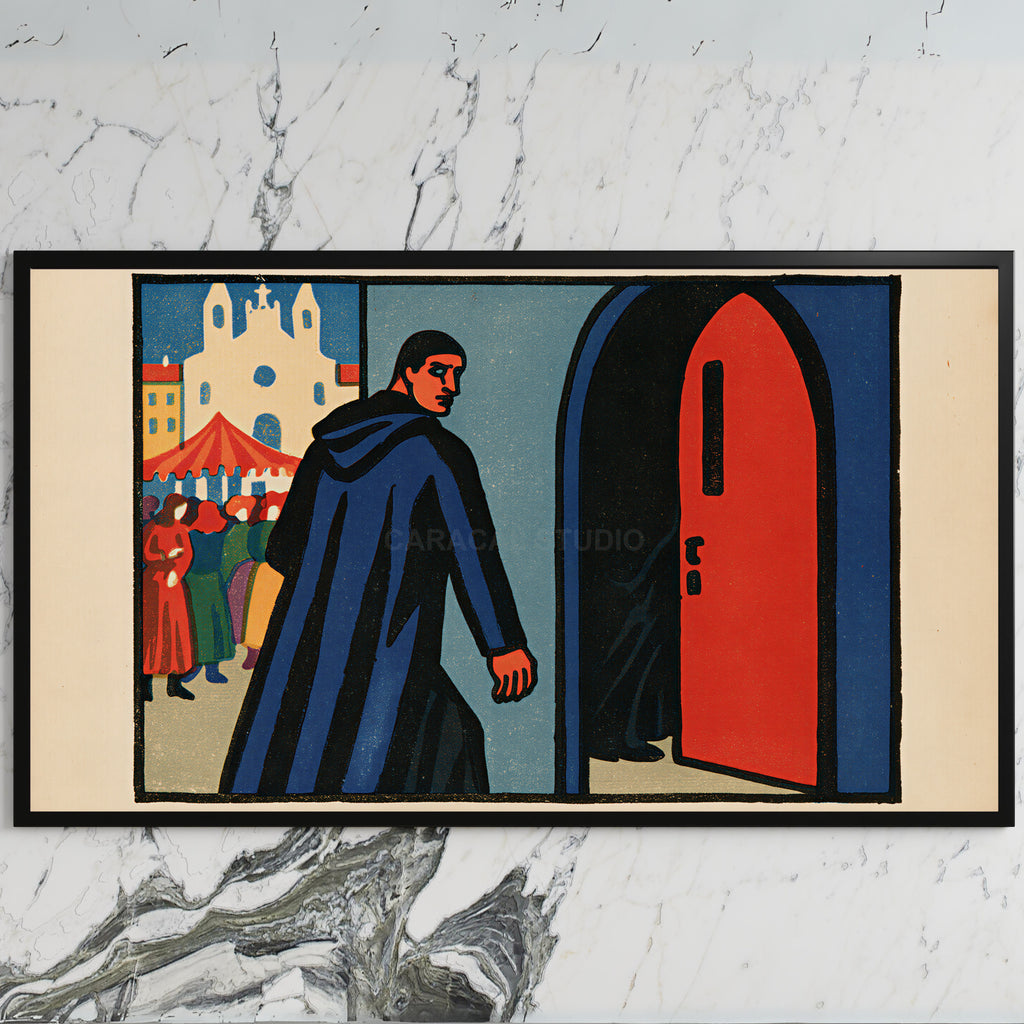 Woodcut monk art on a black TV on a white marble wall