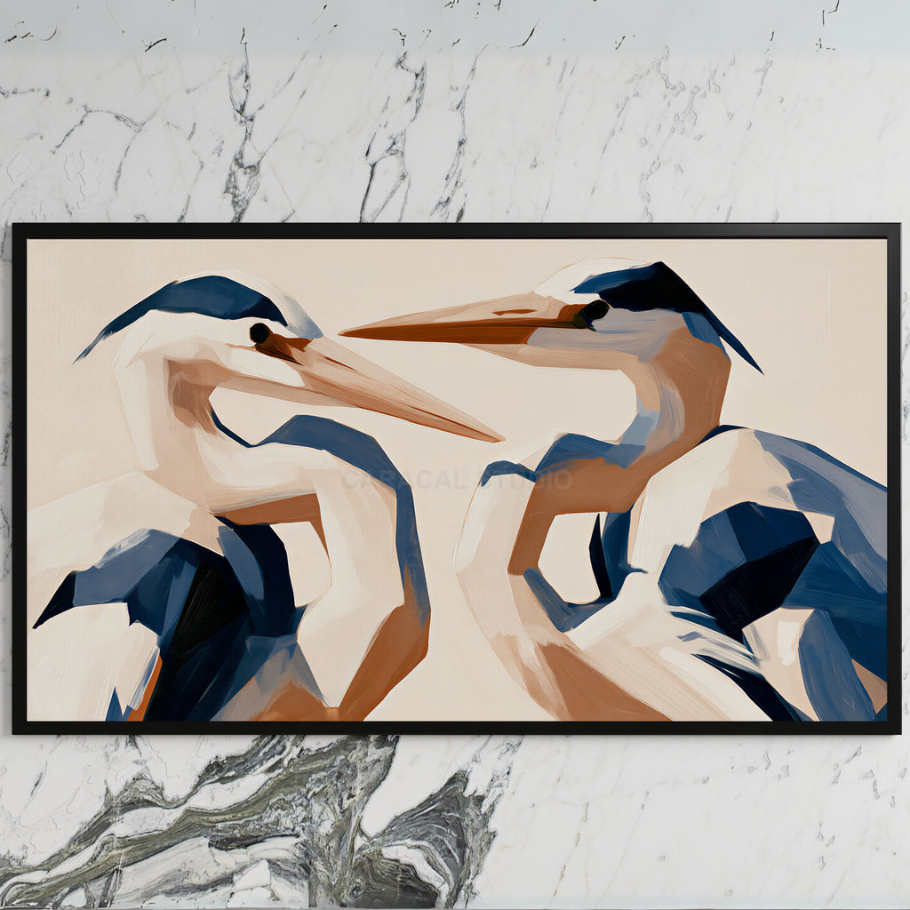 Blue heron art on a black TV on a white marble wall