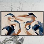 Blue heron art on a black TV on a white marble wall