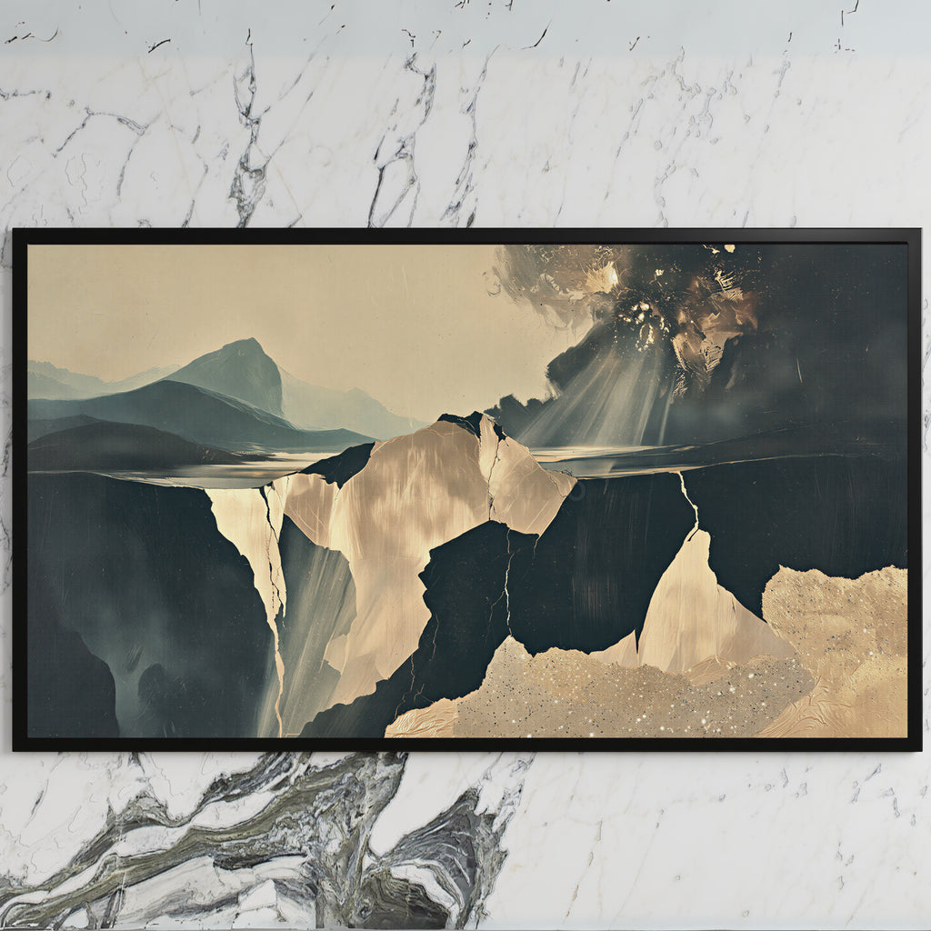 Moody abstract cliffs art on a black TV on a white marble wall
