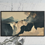Moody abstract cliffs art on a black TV on a white marble wall