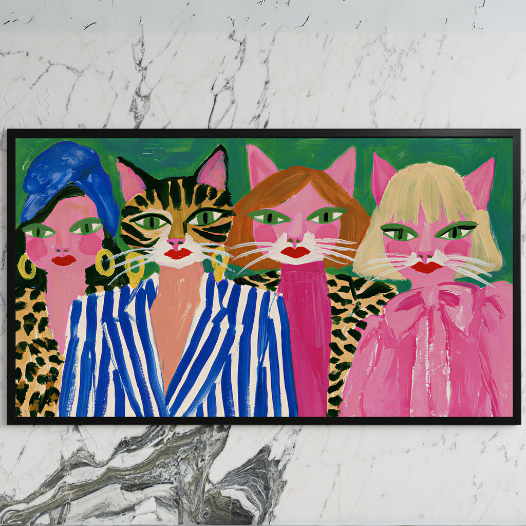 Cat ladies art on a black TV on a white marble wall