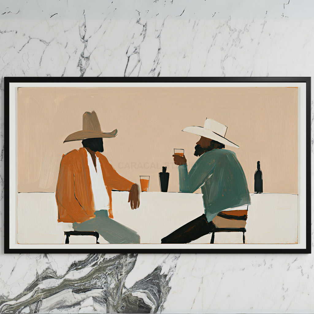 Cowboys and saloon drinks art on a black TV on a white marble wall