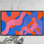 Wavy abstract shapes art on a black TV on a white marble wall
