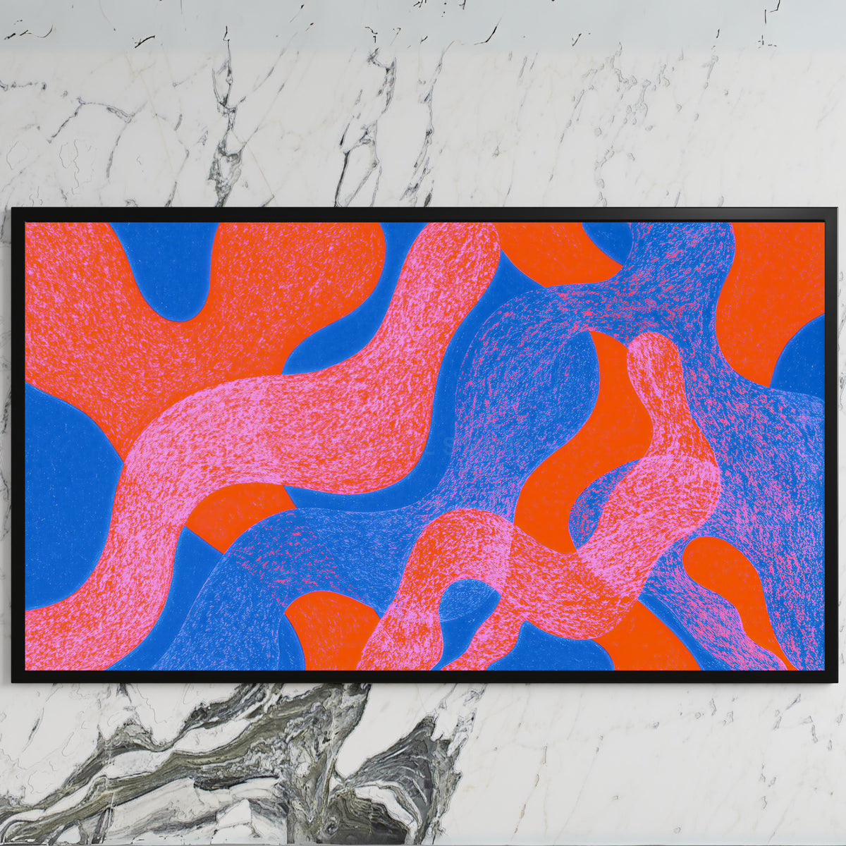 Wavy abstract shapes art on a black TV on a white marble wall