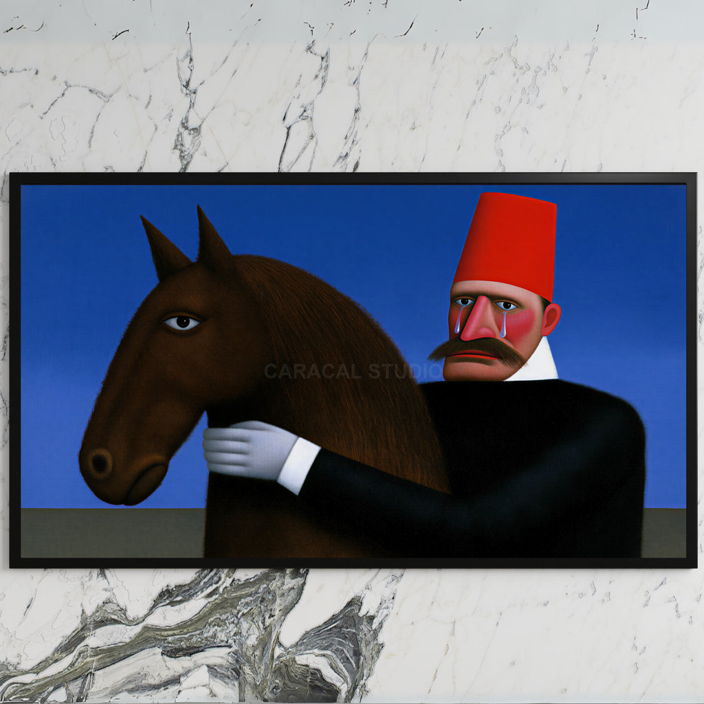 Man in red fez with horse art on a black TV on a white marble wall