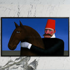 Man in red fez with horse art on a black TV on a white marble wall