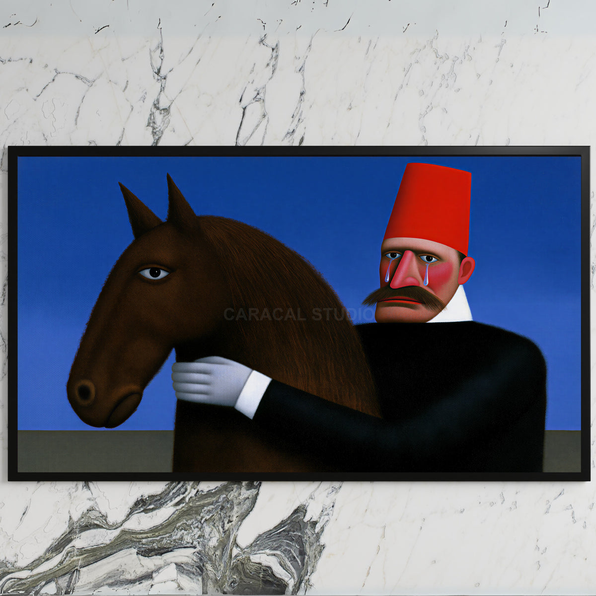 Man in red fez with horse art on a black TV on a white marble wall