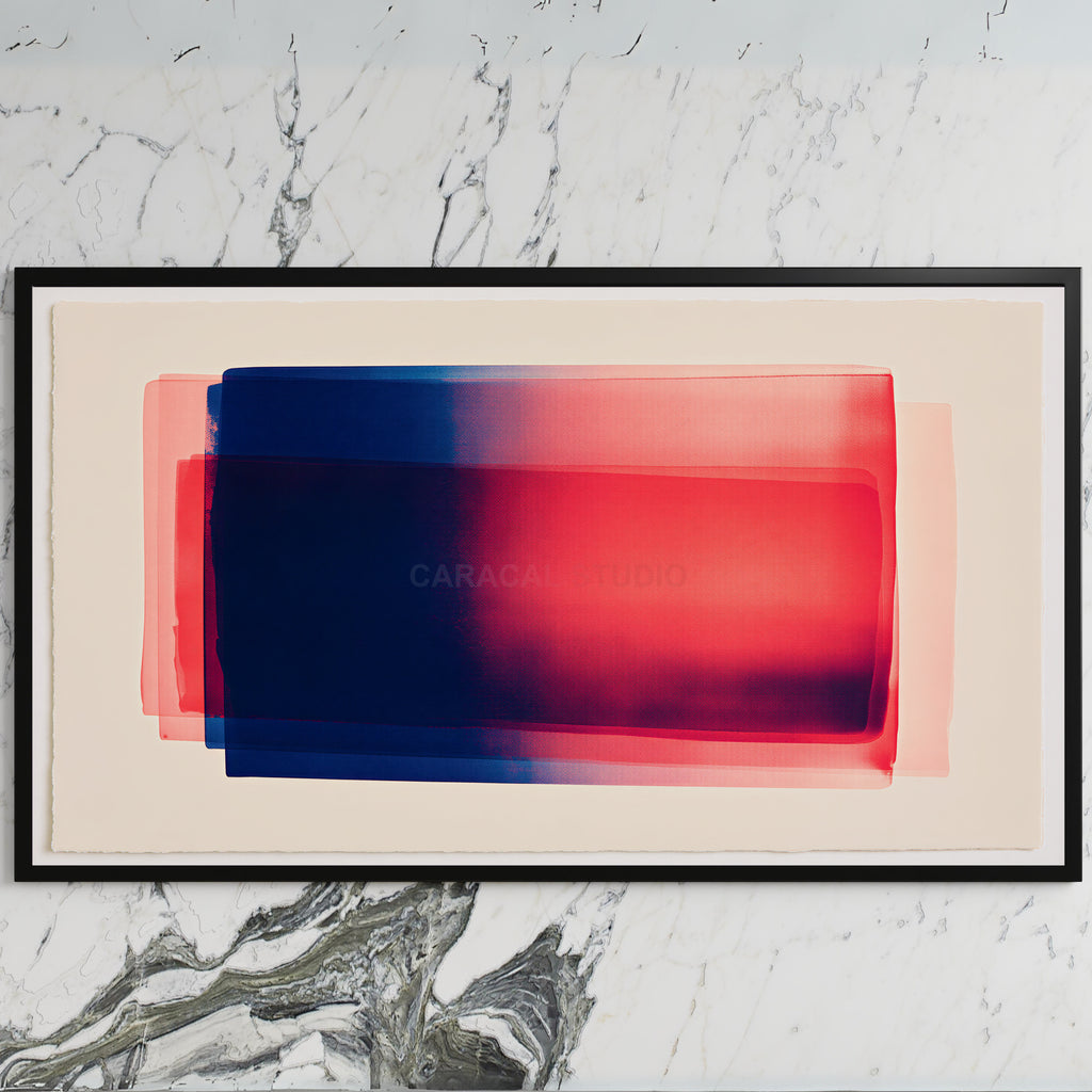 Color field art on a black TV on a white marble wall