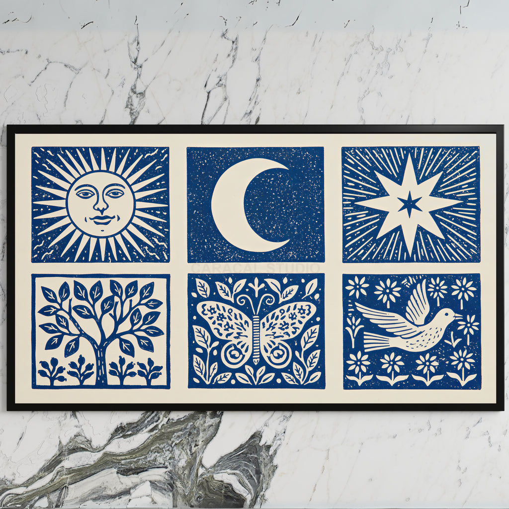 Celestial folk art on a black TV on a white marble wall