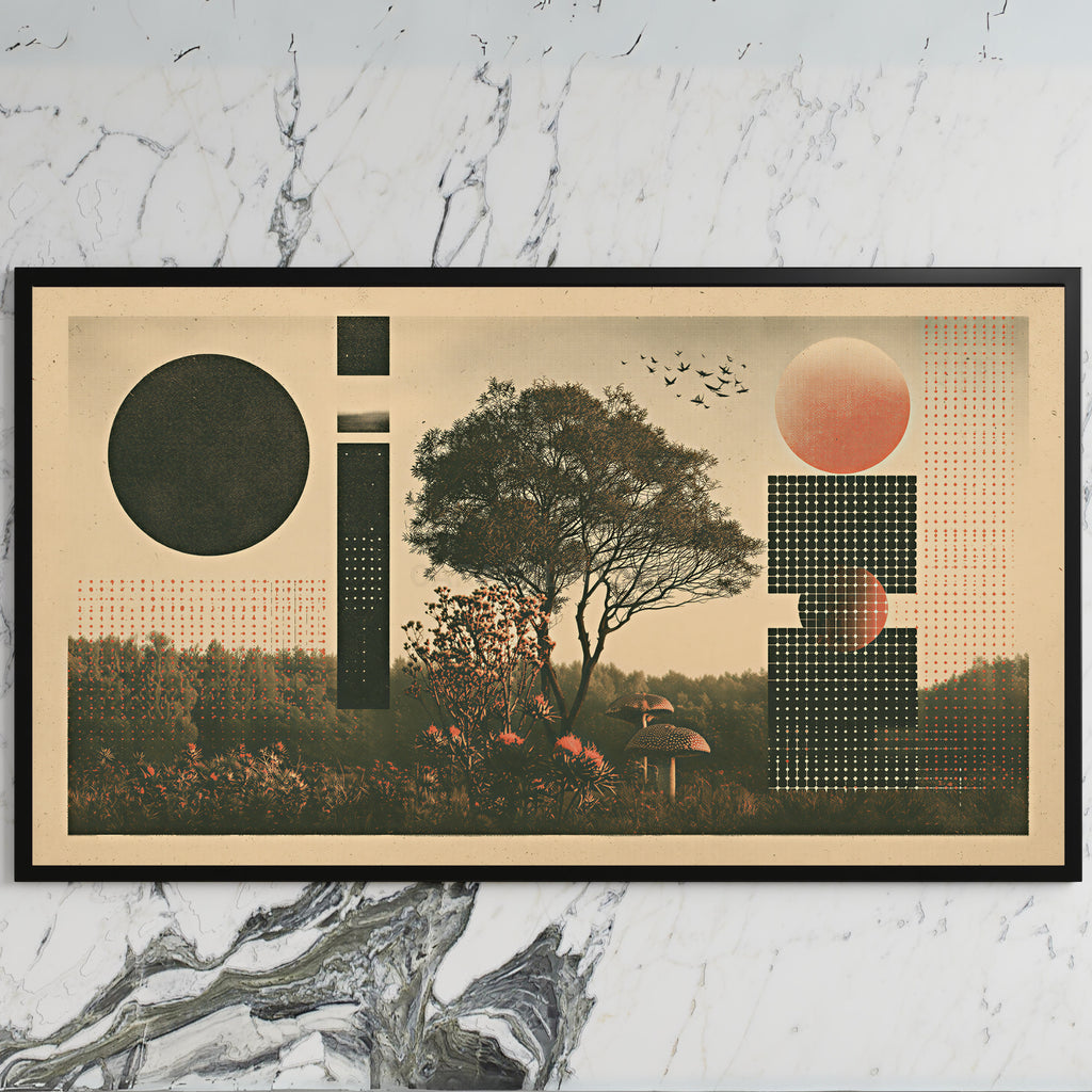 Tree and mushroom collage art on a black TV on a white marble wall