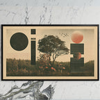 Tree and mushroom collage art on a black TV on a white marble wall