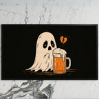 Sad ghost and beer art on a black TV on a white marble wall