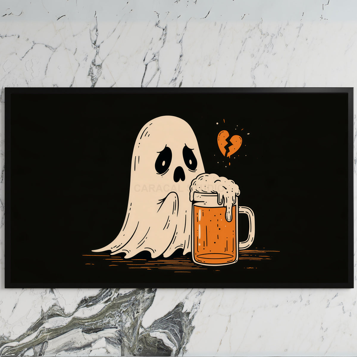 Sad ghost and beer art on a black TV on a white marble wall
