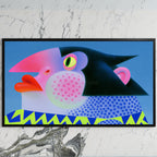 Pop art penguin art on a black TV on a white marble wall