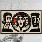 Linocut faces art on a black TV on a white marble wall