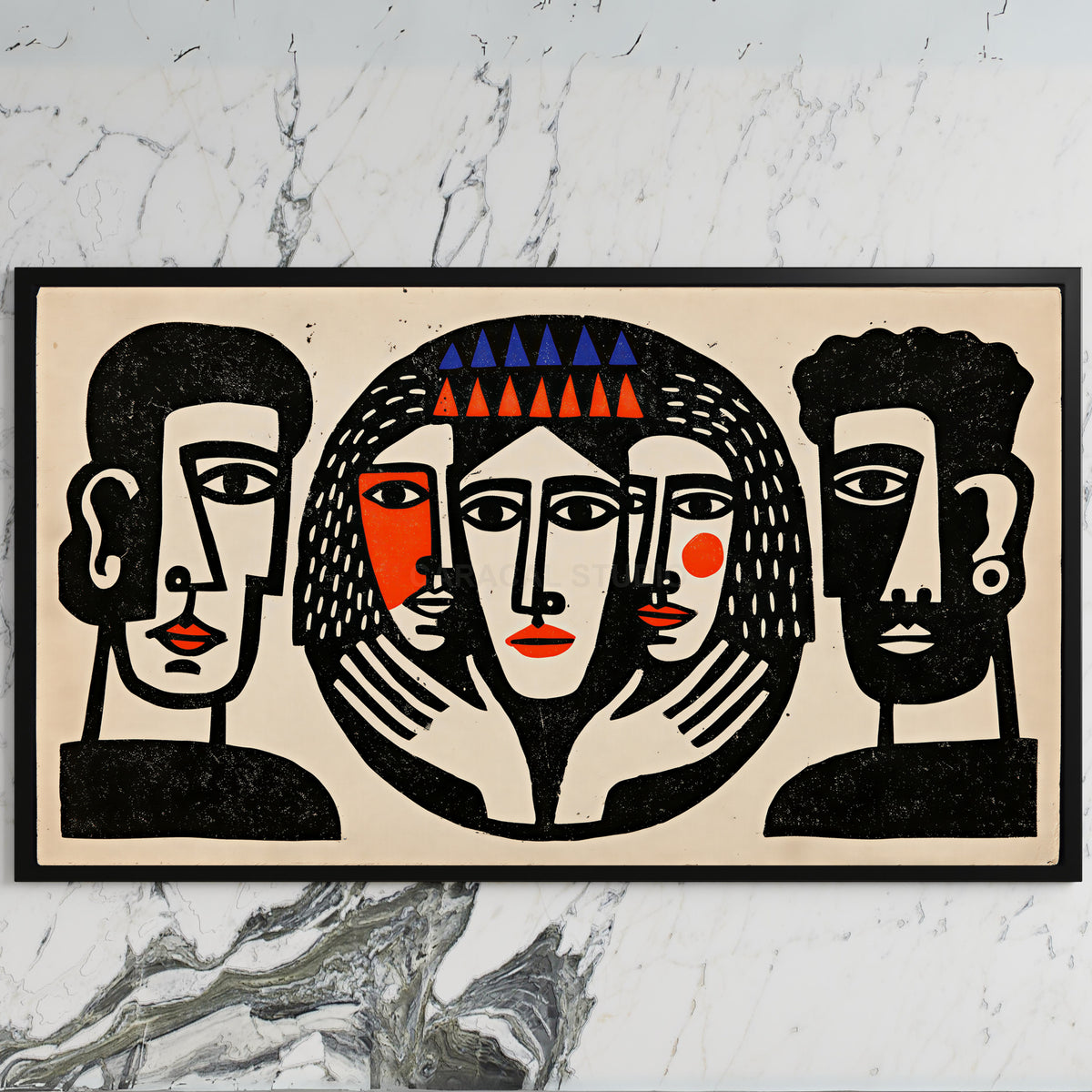 Linocut faces art on a black TV on a white marble wall