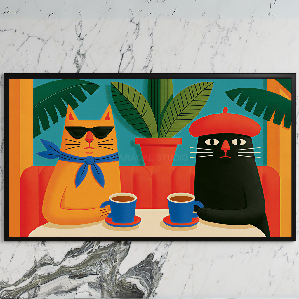 Funny cafe cats art on a black TV on a white marble wall