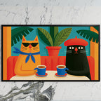 Funny cafe cats art on a black TV on a white marble wall