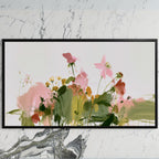 Abstract wildflowers art on a black TV on a white marble wall
