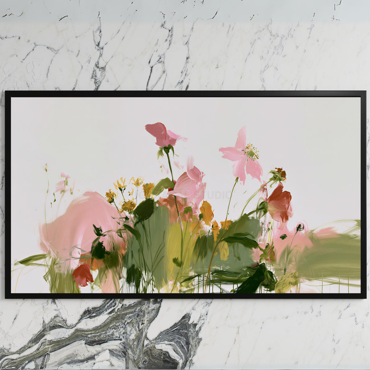 Abstract wildflowers art on a black TV on a white marble wall