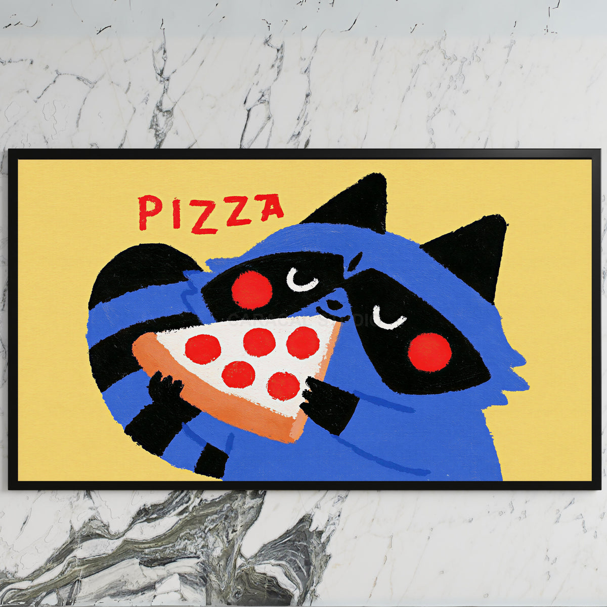 Raccoon pizza art on a black TV on a white marble wall