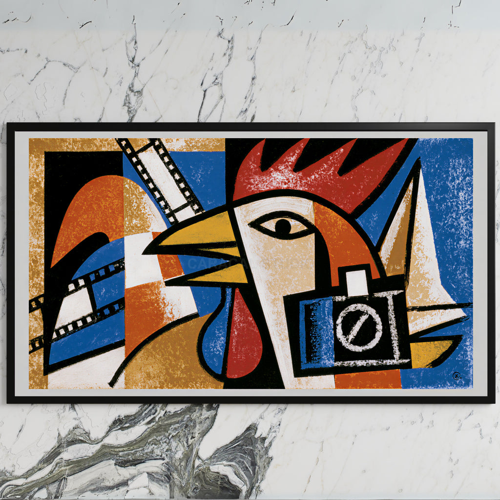 Cubist rooster art on a black TV on a white marble wall