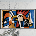 Cubist rooster art on a black TV on a white marble wall