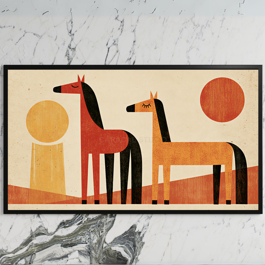 Retro horses art on a black TV on a white marble wall